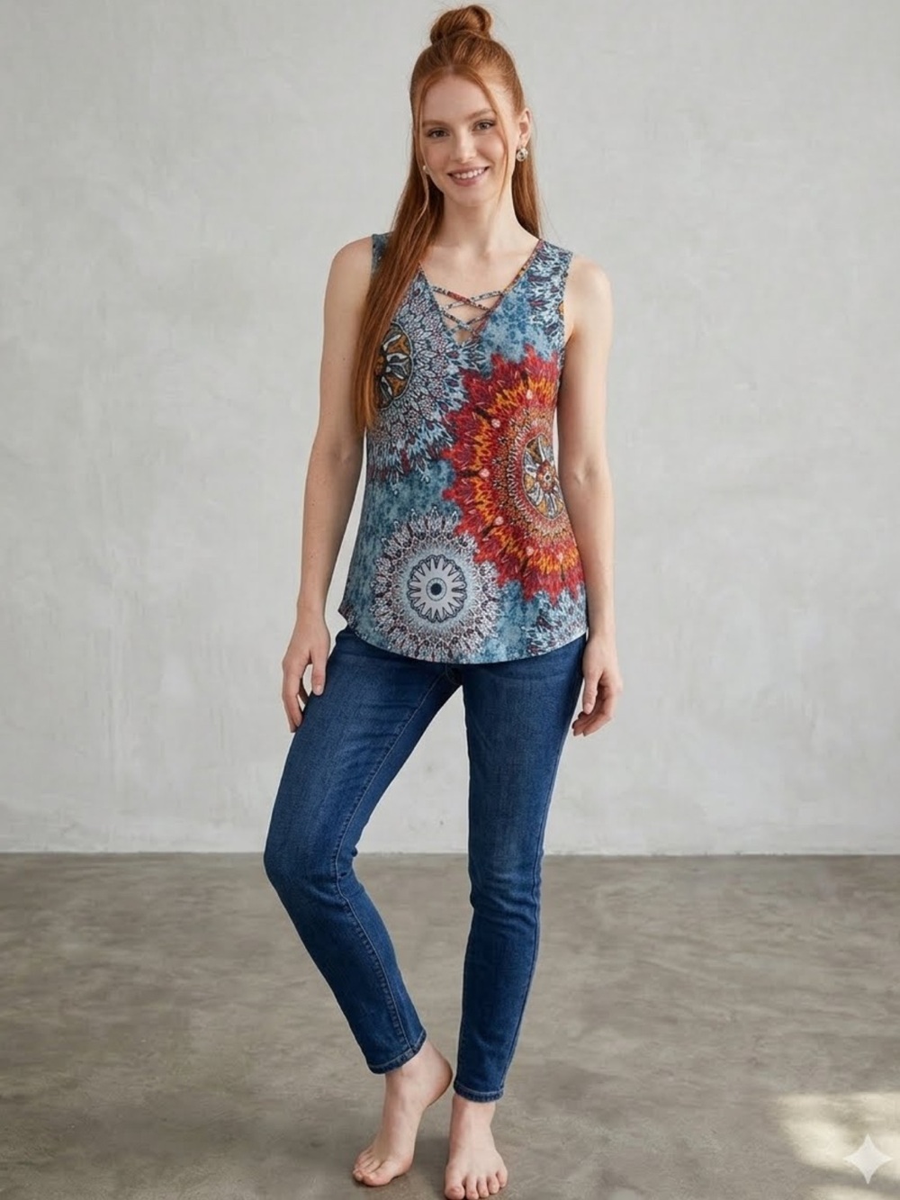Longyuan Boho Mandala Tank Top Sleeveless V-Neck Blue Orange Tunic 3xl